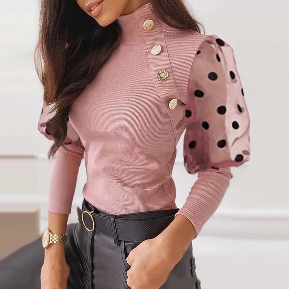2020 Women Spring Knit Sweater Pink Color Block Polka-dot Mesh-Panel Top Casual Slim Turtleneck Pullover | Женская одежда