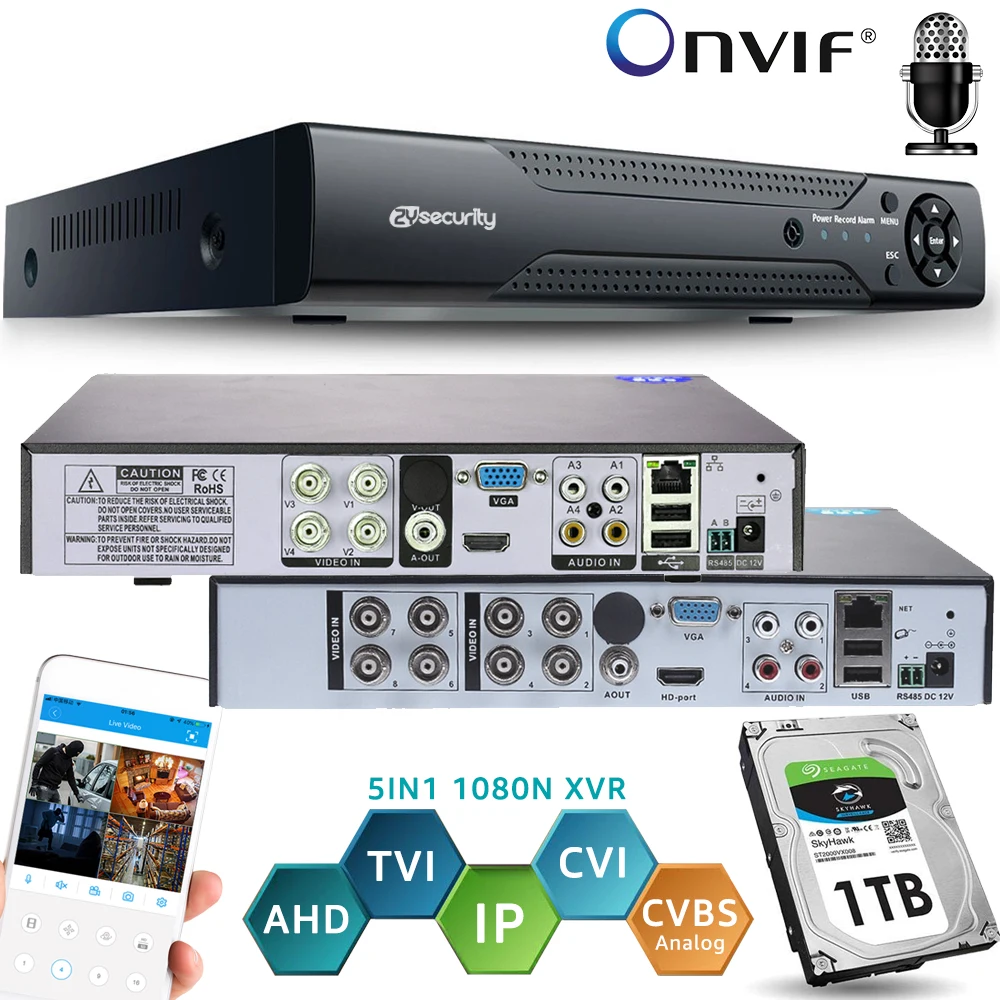 Onvif CCTV DVR 4CH 8 канальный Гибридный Регистраторы H.264 1080N 5IN1 XVR для аналоговая камера