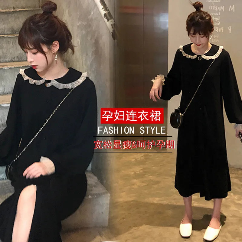 

Black 2020 Sexy Maternity Dresses lace stitching long Mid-Calf doll collar dress Pregnancy Clothes Dress