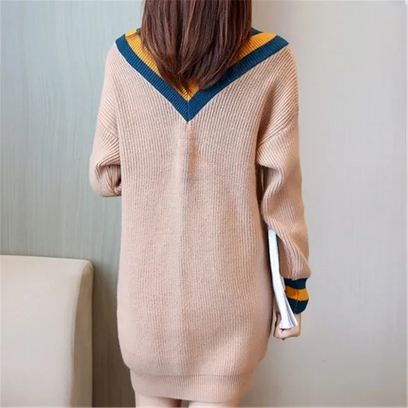 

2020 Sweater Dress Autumn Winter Knitted Sweaters Women Pullover Long Sleeve Long Jumper V Neck Tops Striped Pull Femme A1195