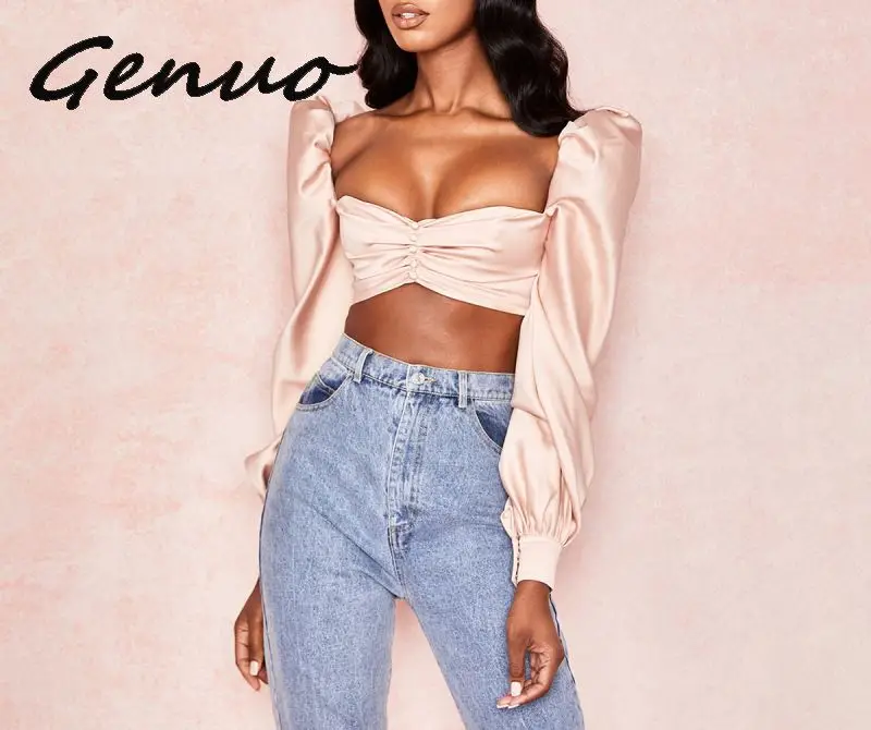 

Genuo, новинка, рубашка с рукавами-фонариками, короткий топ, летний, Одноцветный, на пуговицах, квадратный воротник, сексуальный топ, для женщин...