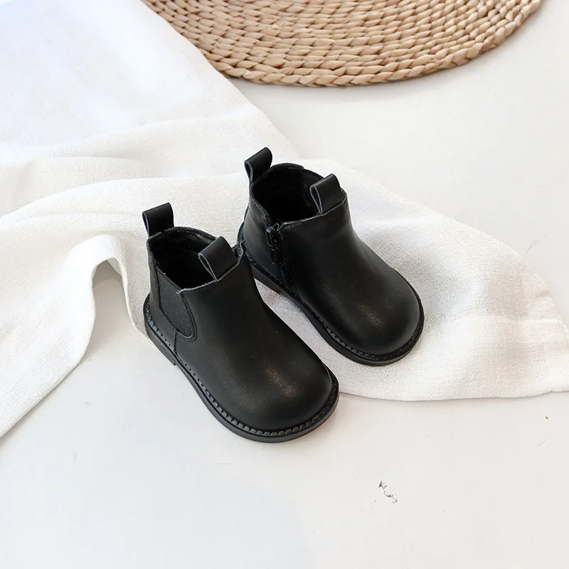 

Autumn Winter Girls' Soft Soled Walking Shoes 1-2 Years Old Baby Short Boots Boys' Plush Cotton-padded Shoes Black Leather Boots