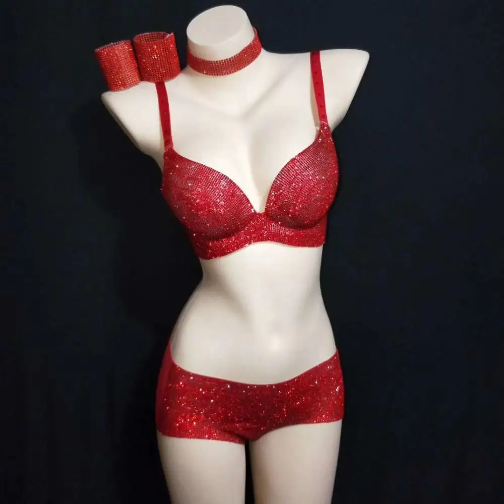 Sexy Rhinestone Bikini Sets Party Celebration Performance Outfits Set Women Nightclub Dancer Sexy Costumes DJ DS Stage Clothes