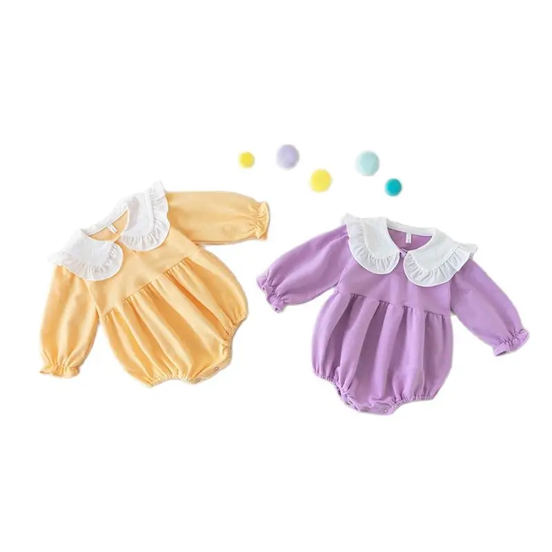 

2021 Korean Autumn Baby Girls Romper Princess Doll Collar Long Lantern Sleeve Ruffles Newborn Baby Infant Lovely Clothes Outfits