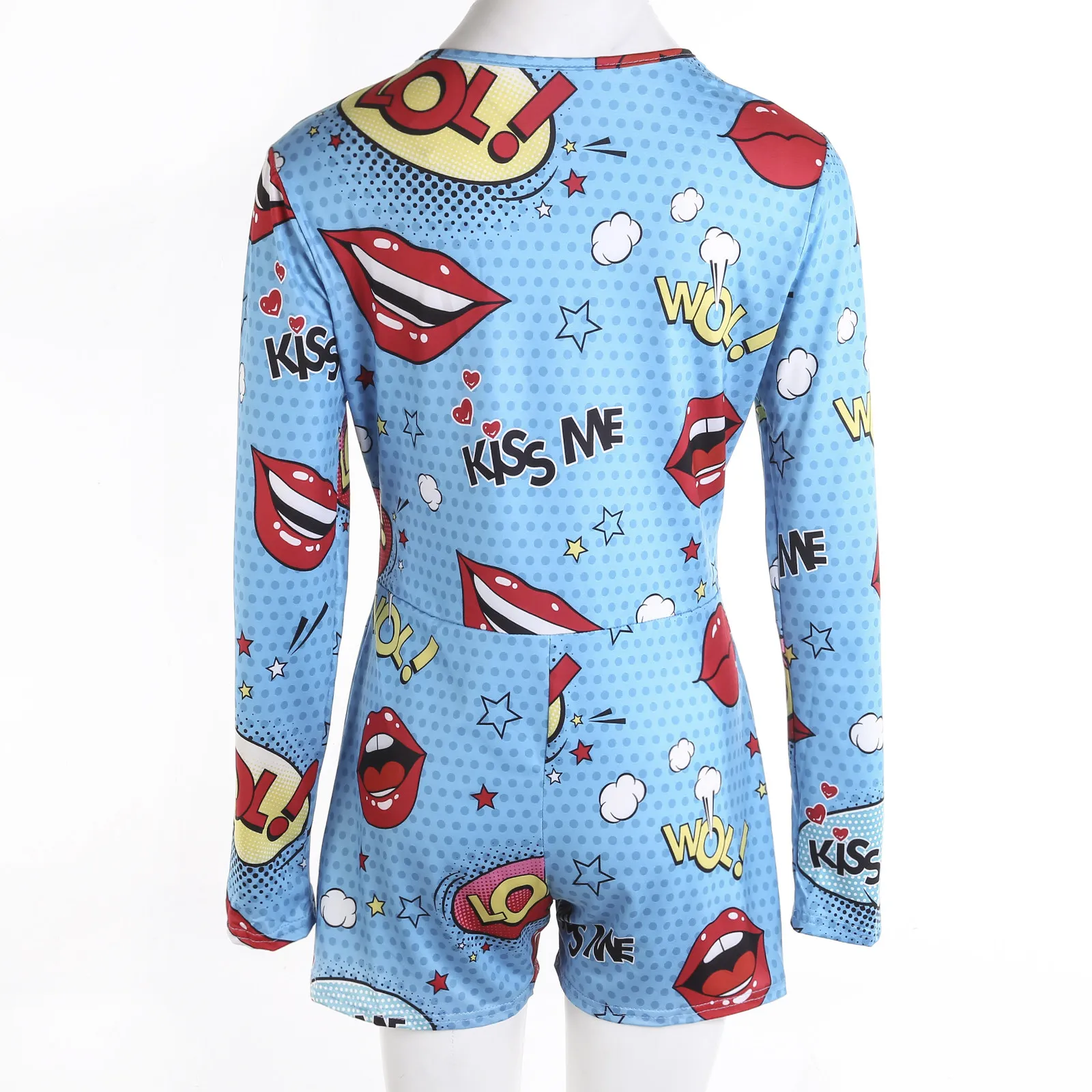 

New Arrival Stylish Women V-neck Long Sleeve Jumpsuit Lip Print Leotard Bodycon Sleepwear Summer Autumn Sexy Slim Casual Rompers
