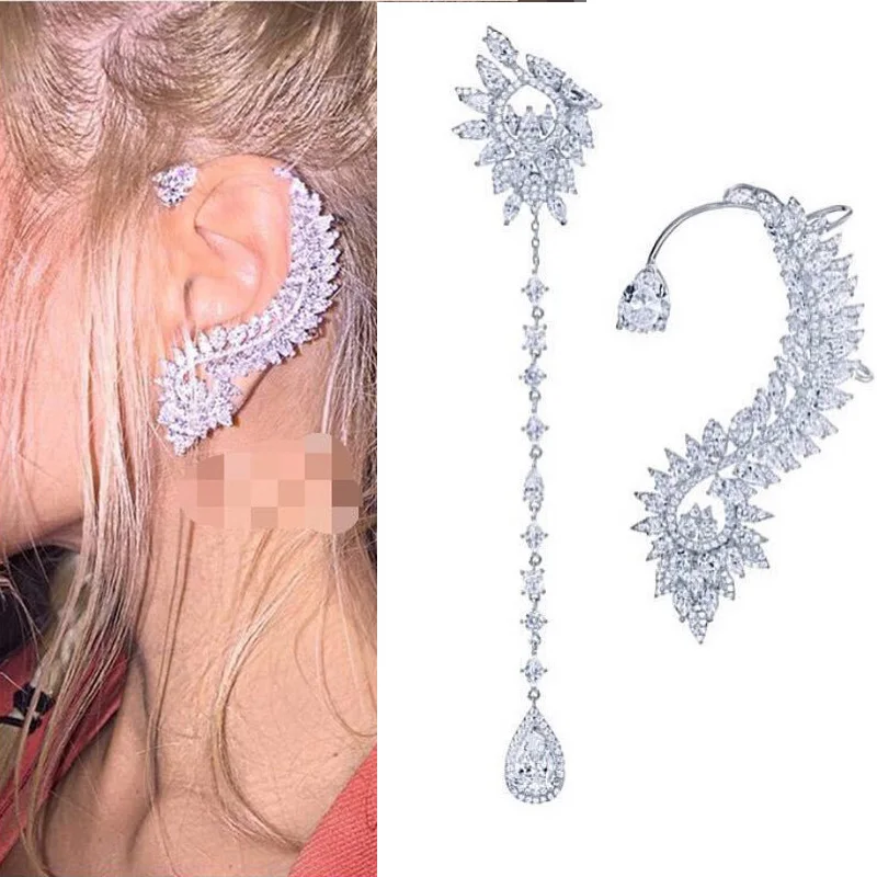 Женские асимметричные серьги клипсы с серебряным цирконием очаровательные