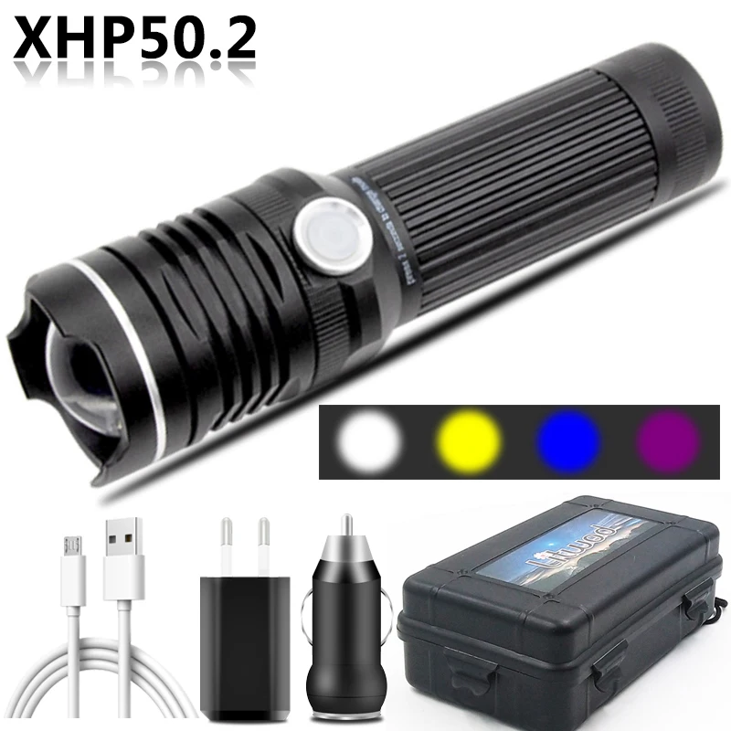 

Powerful 4 Colors Led Flashlight USB Rechargeable 18650 26650 Battery Zoomable Torch Aluminum Waterproof Lantern For Fishing