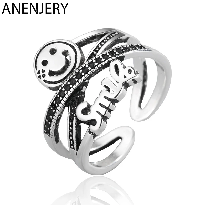 ANENJERY 925 пробы Серебряное кольцо с надписью Happy Smiling Face тайское серебряное