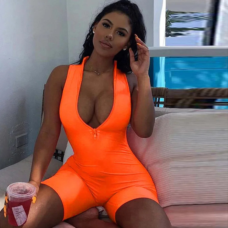

Women Rompers Sleeveless Solid Black Orange Blue Halter Jumpsuit Lady Bodycon Playsuit Slim Short Pants Female Bodysuit 2020
