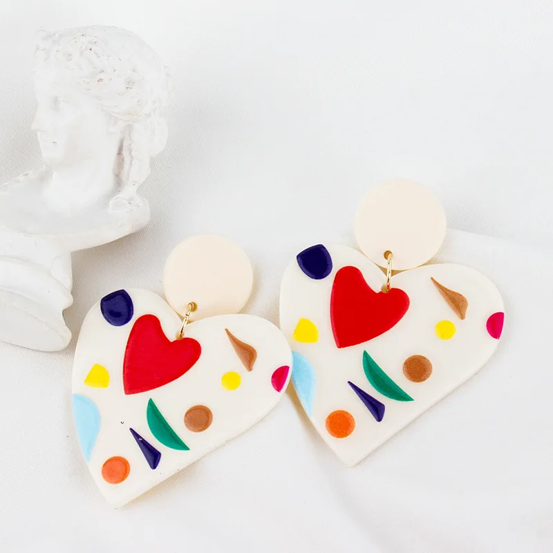 

Lifefontier Vintage Irregular Heart Drop Earrings For Women Girls Colorful Pattern Acrylic Earrings Korean Fashion Jewelry Gift