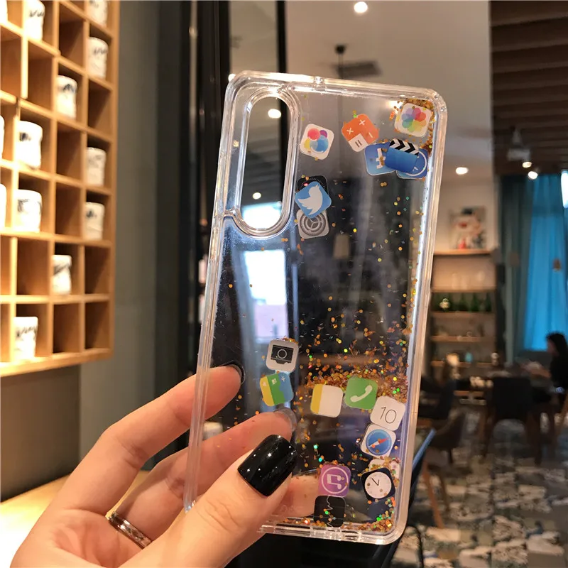 Quicksand Shell Cute APP Icon Coque For Huawei P20 P30 Pro Lite Nova 3 4 5 Honor V20 Liquid Hard PC Phone Case Transparent Cover |