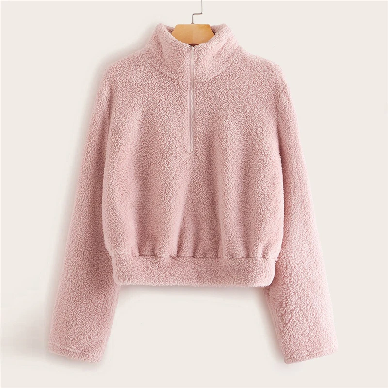 Dotfashion Розовый Повседневный плюшевый свитер с молнией спереди для женщин зимние однотонные милые толстовки со стоячим воротником