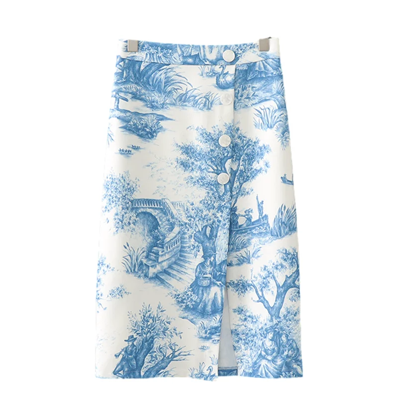 

ZXQJ elegant women blue and white printing skirts 2020 fashion ladies elegant side slit skirt female button girls chic skirt