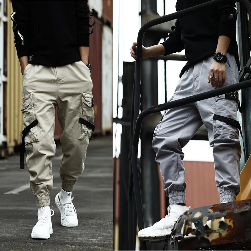 

Harajuku Pockets Cargo Harem Ribbon Men Pants Streetwear Hip Hop Fashion Mens Casual Joggers Baggy Tactical Trouser Muti Color