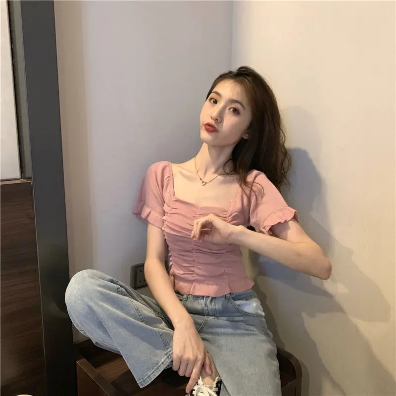 z krótkim rękawem T-shirt damski przycięty solidny dopasowany kwadratowy kołnierzyk letni retro dziewczęcy delikatny słodki codzienny Ins