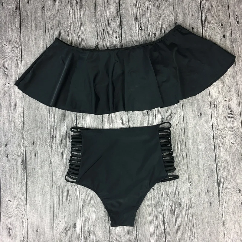 

DOMIRICA Ruffle Swimsuit Women Tube Top Summer Fashion High Waist Solid Color 2-piece Female Swimsuit 2XL Plus Size 2021