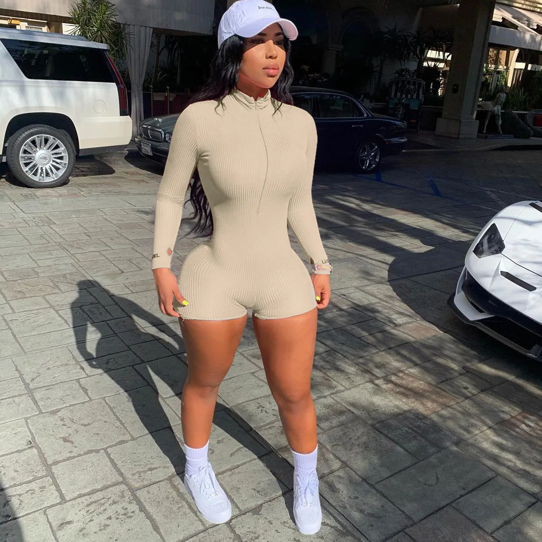 

Lucky Label Letter Embroidery Sporty Playsuit Women Ribbed Knitted Stretchy Skinny Romper Activewear Workout Full Sleeve Outfit