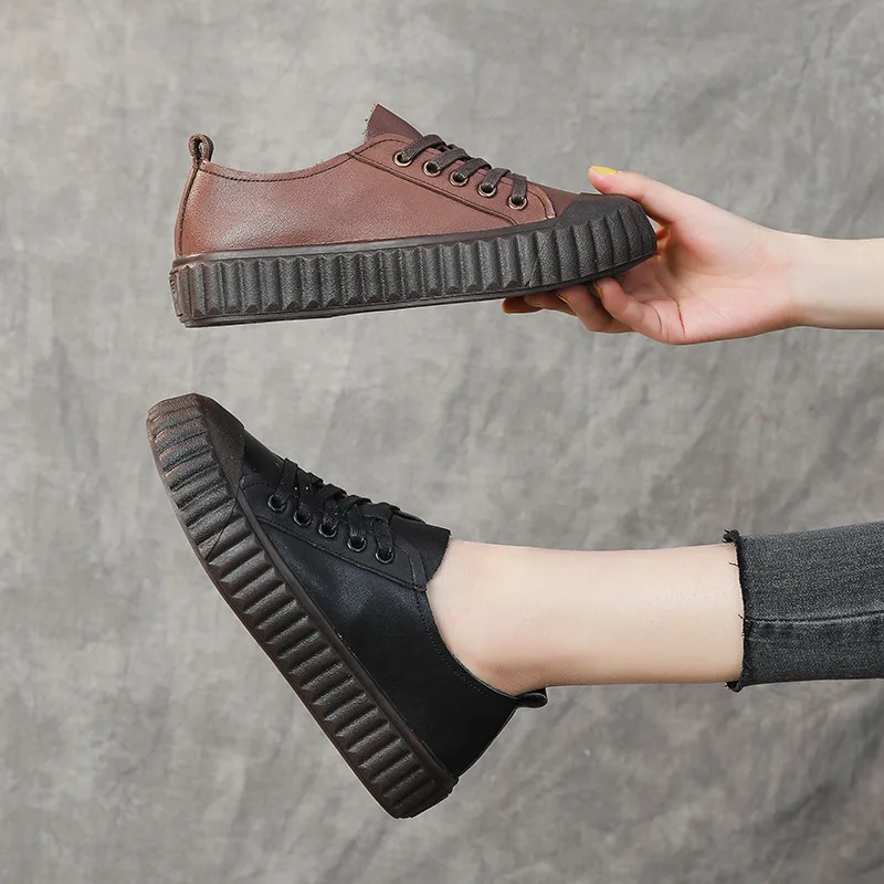 

Fashion White Thick Soled Women Single Shoes Round Toe Casual Lace Up Board Footwear Retro College Style Flat Soled Girl Loafers