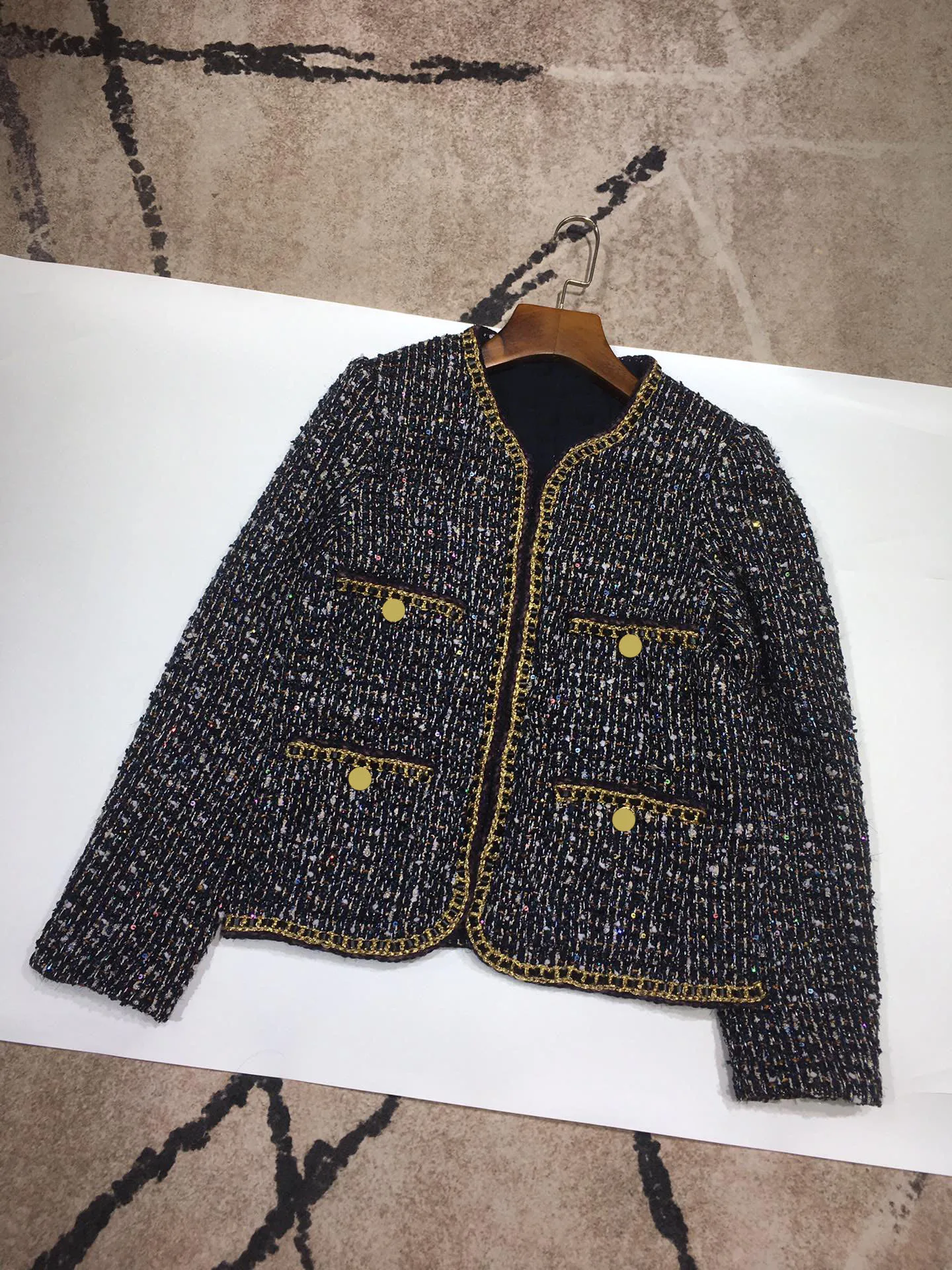 

Plaid Tweed Coats Women Top Quality V-neck Long Sleeve Knitted Coats High-end Brand Hand Weave Edge Four Pocket Coat Autumn 2021