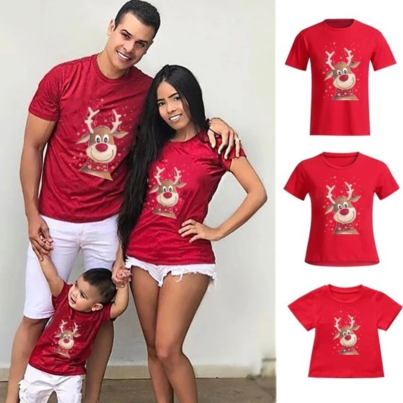 

Merry Christmas Family Matching Clothes Mother Father Daughter Son Kid T-shirt Red Short Sleeve Deer Print Harajuku Fashion Tops