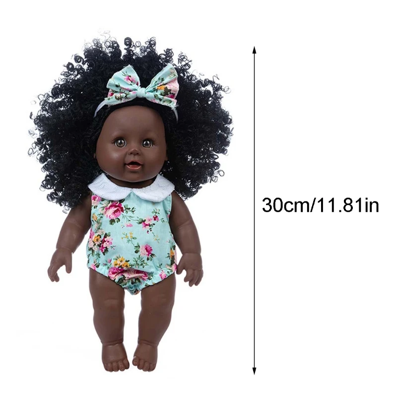 

30cm Simulation African Curly Dolls Soft Vinyl Black Skin Rebirth Doll with Clothes Headband Babies Play House Toy