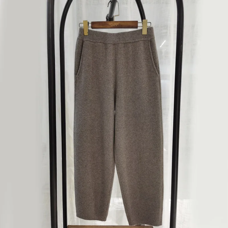 

2021New Pure Cashmere Four Flat Needle Thick Loose Slimming Cashmere Pants Women's Black Knitted Trousers Baggy Pants