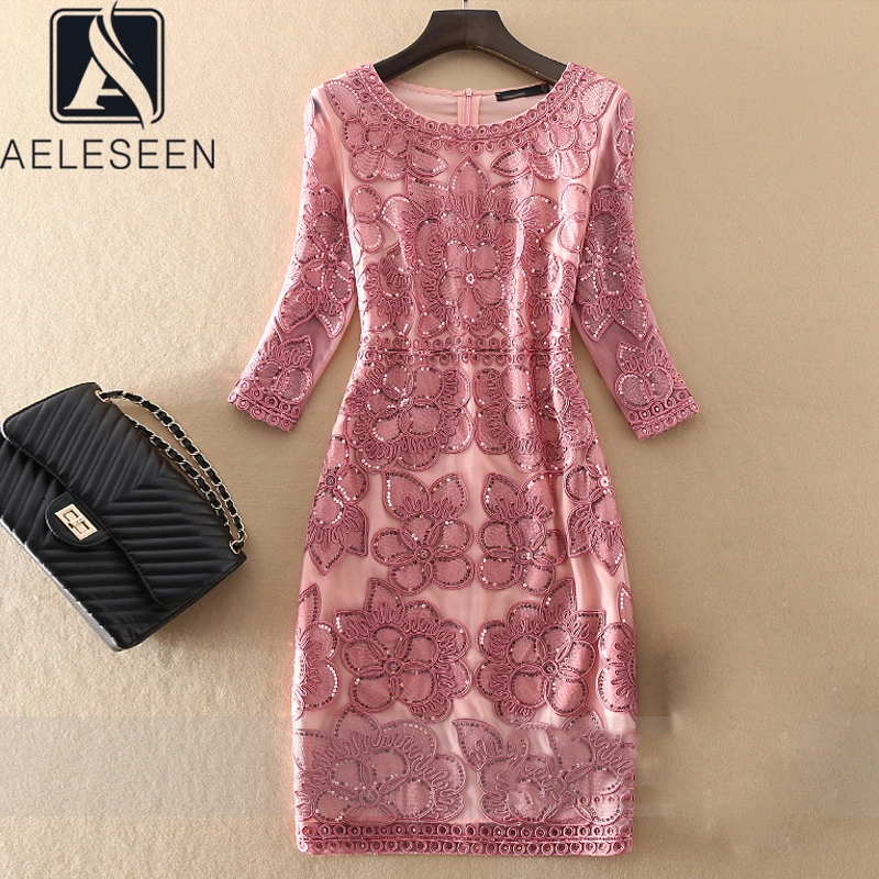 

Женское офисное платье AELESEEN, модельное дизайнерское платье голубого и розового цветов с цветочной вышивкой, вечерние платья большого разме...