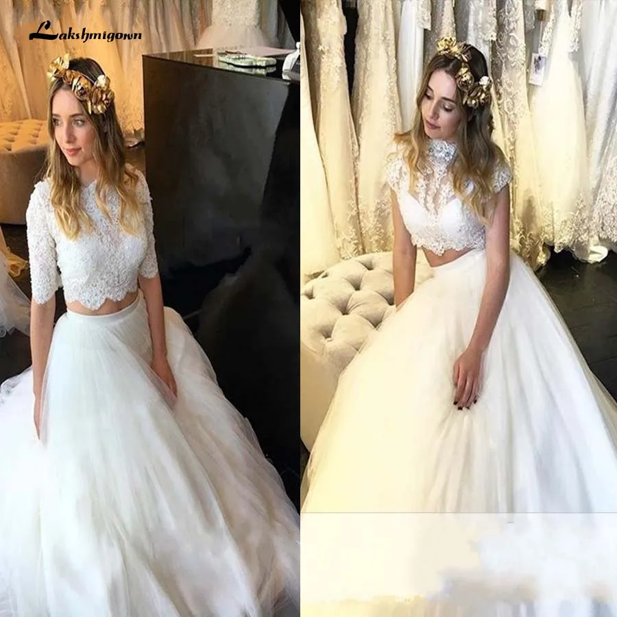 Короткие рукава с высоким воротом Свадебные платья из фатина Weding свадебное