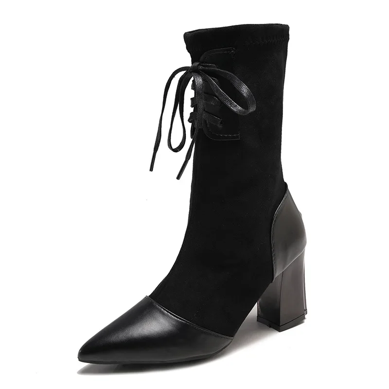 

Women Autumn Pointed Toe Flat Knitted Elastic Female Boots Ladies Square Heel Slip On Fashion Boots woMen Shoes Tide