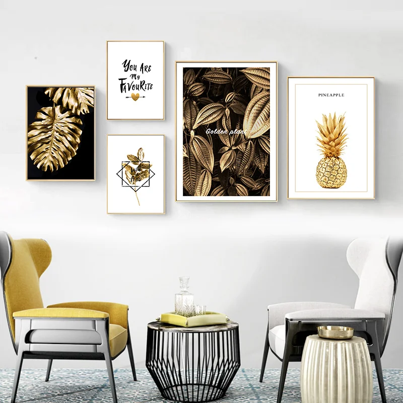 

Golden Leaf Plant Simple Atmosphere Light Luxury Creative Poster For Sofa Bedroom Living Room Home Decoration Painting