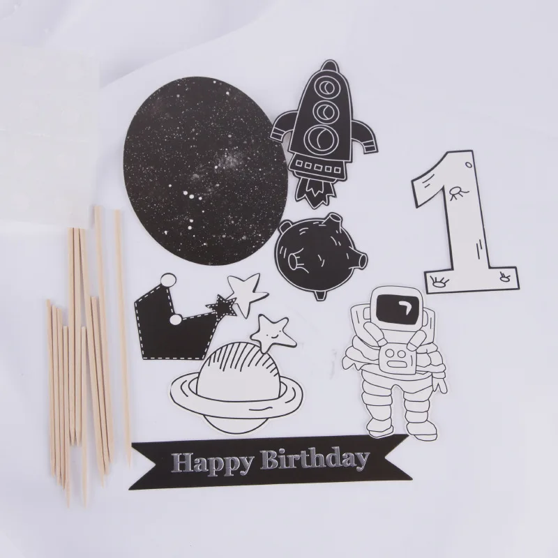 

Happy Birthday Cake Topper Creative Black Galaxy Universe Theme Spaceship Astronaut 1st Year Old Cake Topper Party Favors