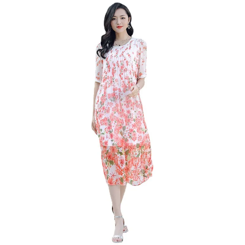 L207HT442 New 2021 Women's Spring Clothing Elegant Temperament Loose Large Size Pleating round Neck 100% Silk Dress