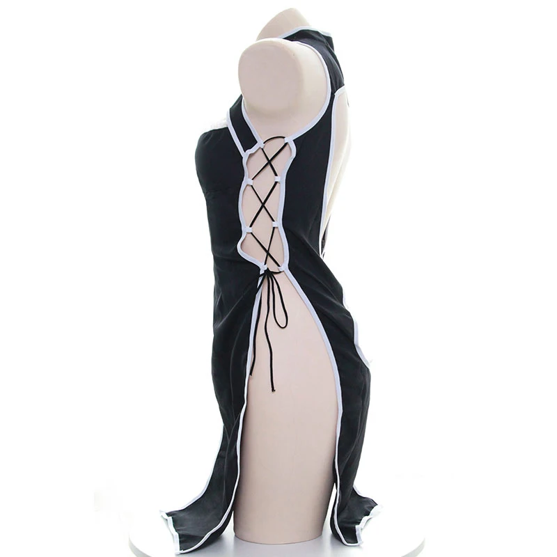 

Women Backless Lace Cheongsam Plus long Classic Sleepwear Chinese style Dress Sexy High Split Hollow Out Bandage pajamas Cosplay