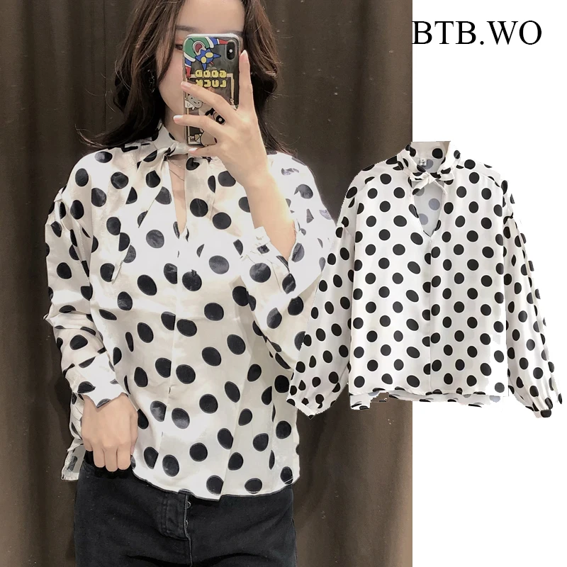 

Женская блузка в горошек BTB.WO Za, повседневная женская рубашка с длинным рукавом и бантом на шее, элегантные модные блузки, 2021