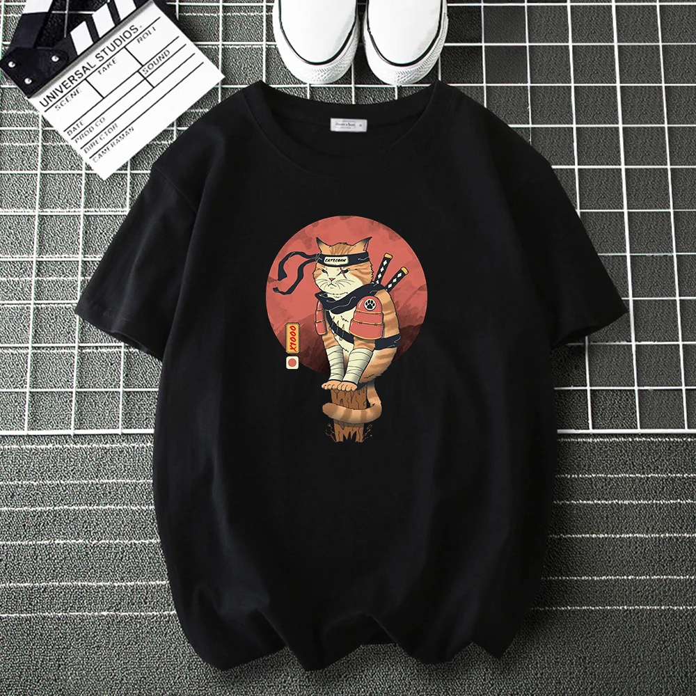 

Japan Samurai Cat Anime Cartoon Fashion T Shirt Tee Shirt for Men Woman Casual Loose Cartoon Tops Male Hip Hop Harajuku T-Shirts