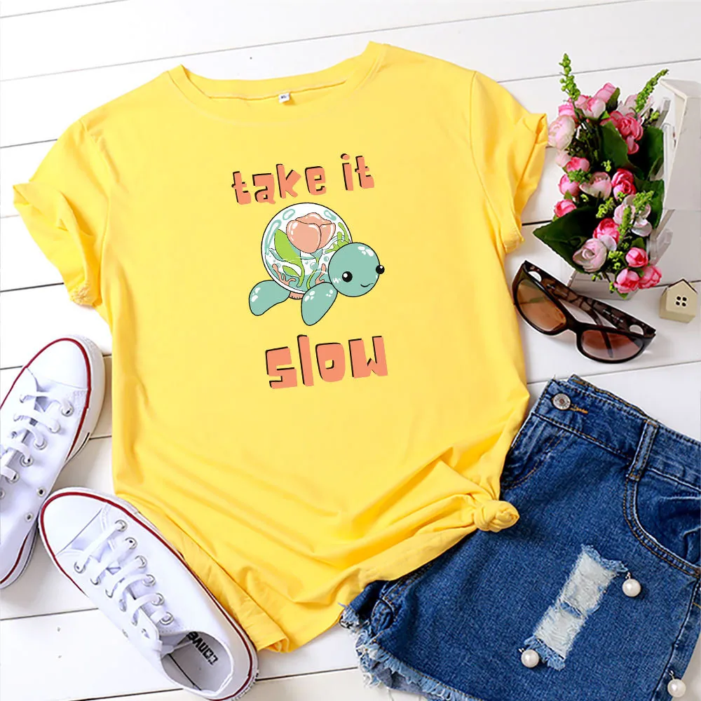 

Take It Slow Letter Print Summer Oversized 5XL Womens Tshirts Cute Turtle Flowers Graphic Harajuku T shirt Female Vintage Shirt