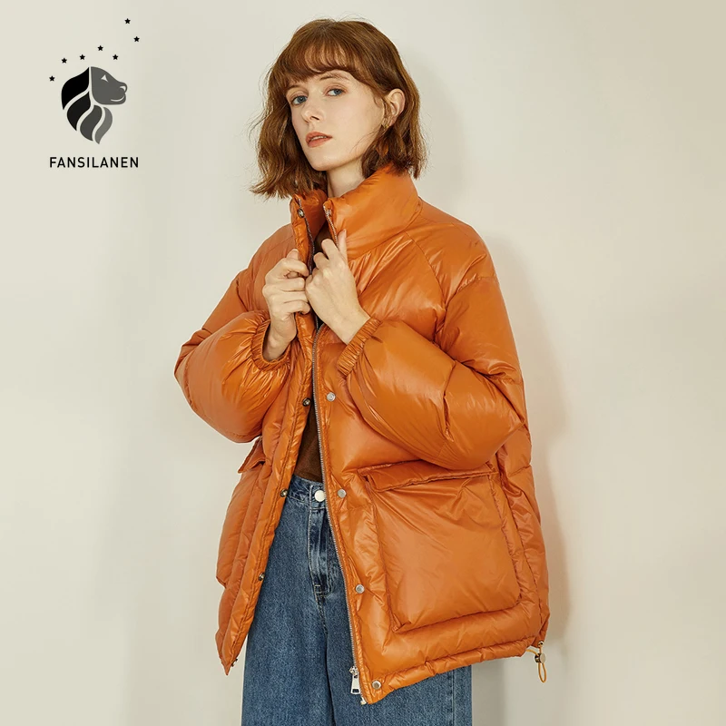 

FANSILANEN Orange Thermal Puffer Down Jacket Women Autumn Winter Wram Down Coat Female Pocket Light Short Quilted Coat Jacket