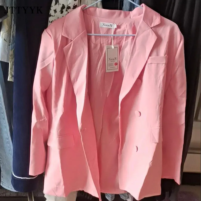 

Pink White Blazer Oversize Women's Spring Jacket Office Double Breasted Blazer Suits Ladies Casual Jacket With Belt Elegant Coat