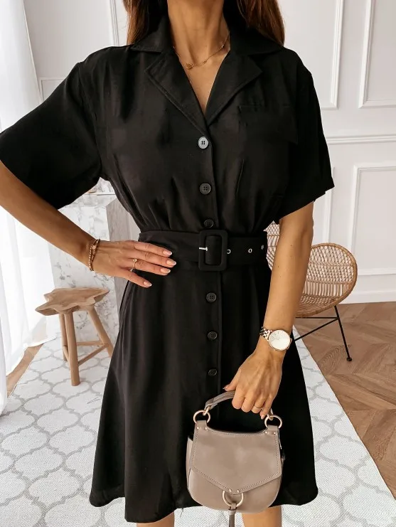

2020 Summer Casual Solid Color Short-sleeved V-neck Button Shirt Dress Fashion Midi Dress with Belt Women Vestidos De Fiesta