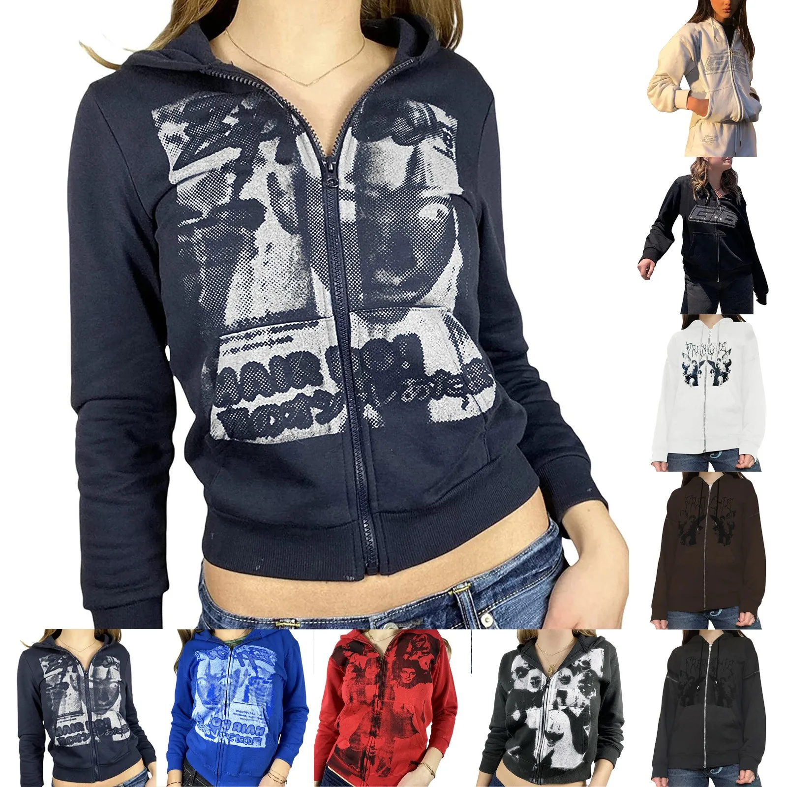 

Y2k Oversized Sweatshirt Women's Full Zip Up Hoodie Printed Sweatshirt Long Sleeve Jacket Coat Female Outwear Chic Tops New 93#Q