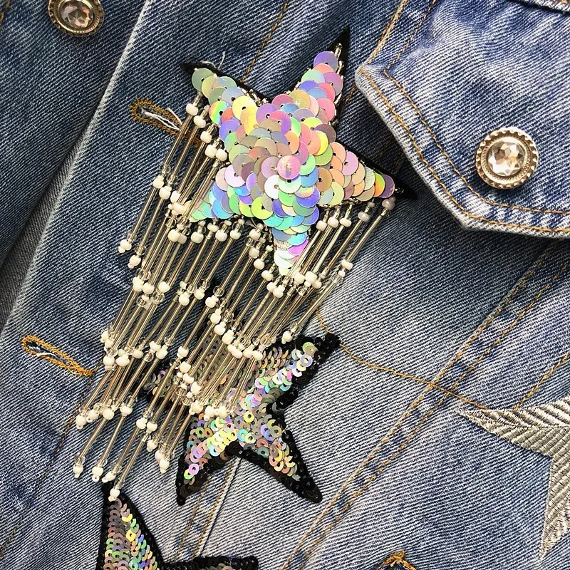 Шикарные женские джинсовые куртки с вышивкой пентаграммой Блестками Бисером и