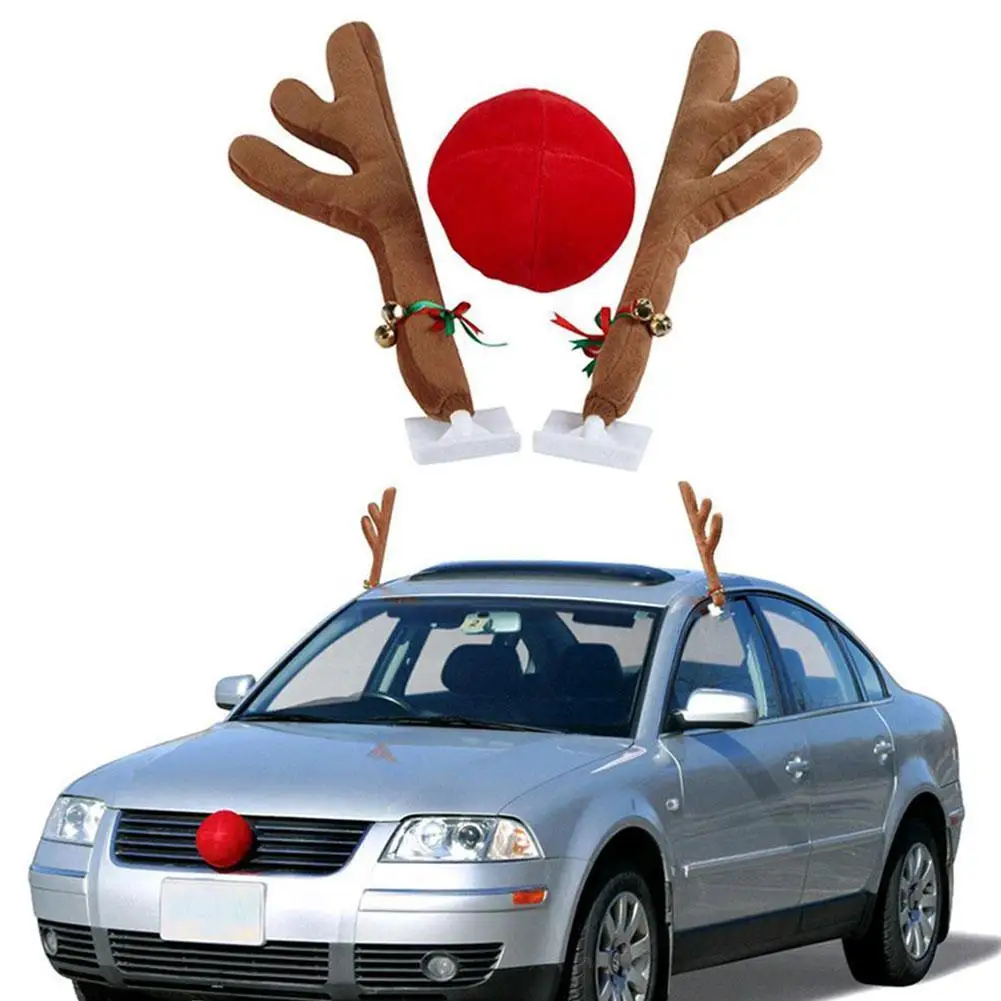 Reindeer Deer Antlers Red Nose Christmas Ornaments Car Decoration Prodults Rudolph Car Costumes Xmas Decor For Car Truck SUV