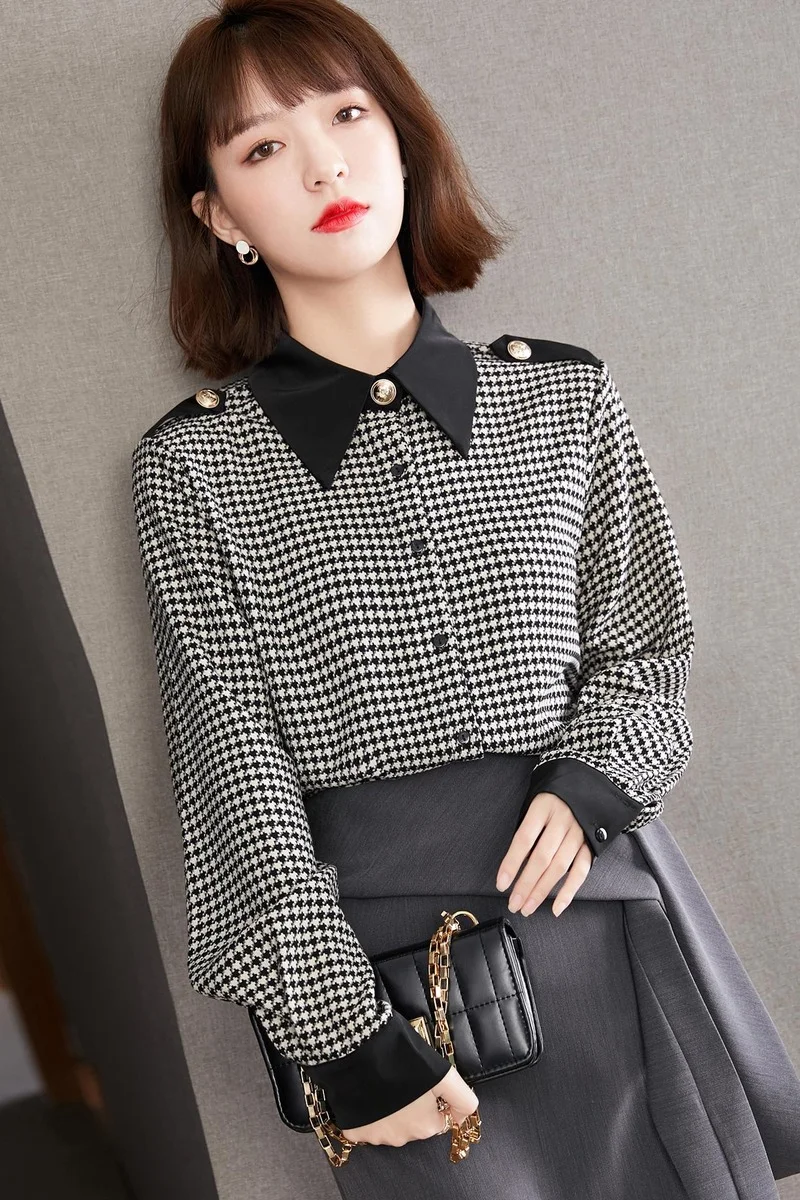 

New Long Sleeve Blouse Comfortable Summer Korean Shirt High-end Lattice Lapel Casual Fashion Blusas Office Lady Button