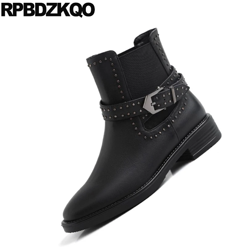 Женские байкерские ботильоны челси с заклепками Черные полусапожки круглым