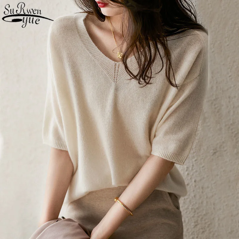 

Cashmere Women Shirts Short Sleeve V Neck Loose Woman Blouses 2022 Casual Summer Knit Tops Fashion Female Blusas Mujer 13888