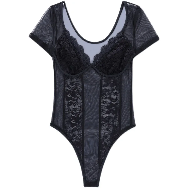 

FAKUNTN Sexy Bodysuit Women Lace Black V-Neck Short Sleeve Bodycon Playsuits 2021 Spring Summer Elegant Jumpsuits Women Bodysuit