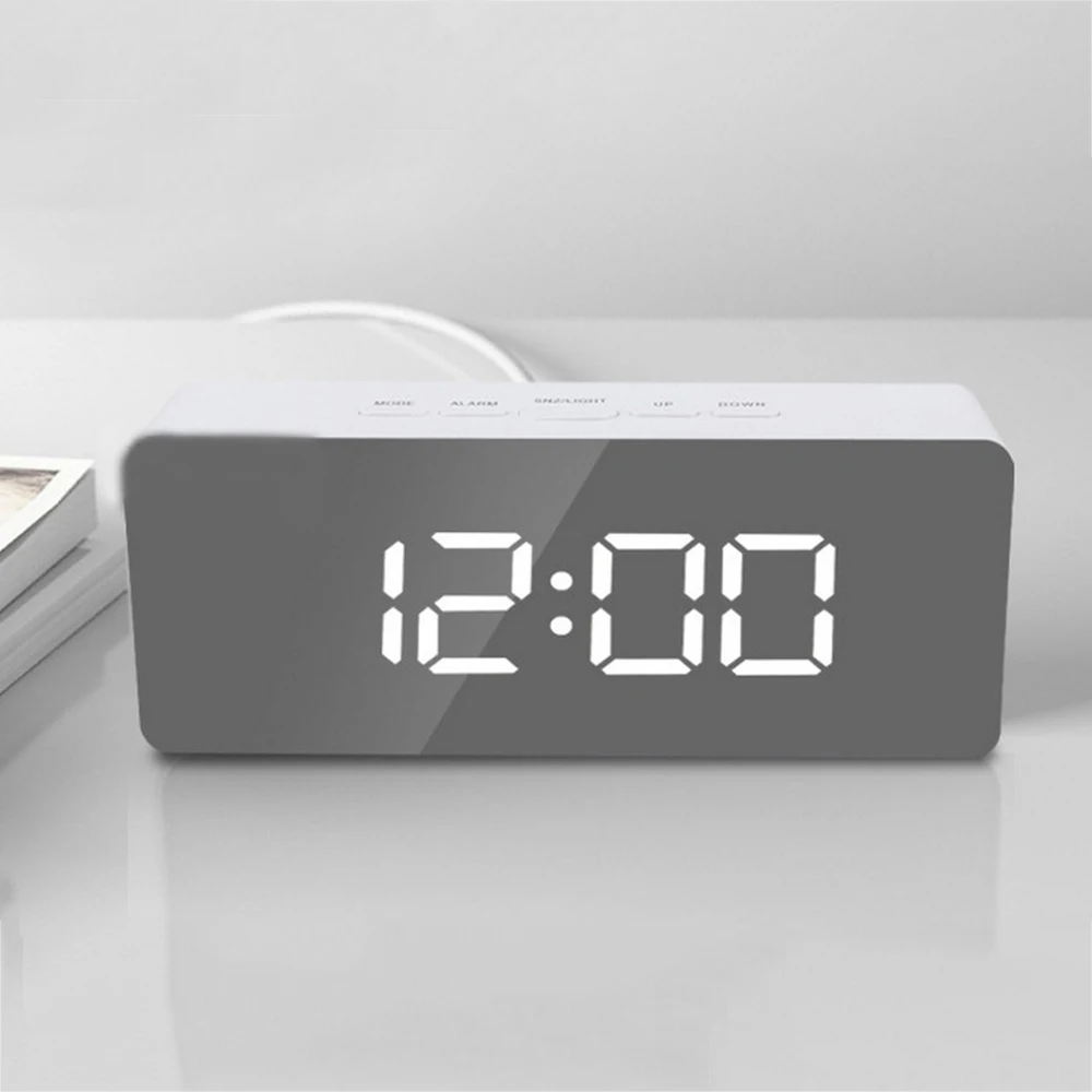 

Alarm Clock LED Mirror Alarm Clock Digital Snooze Desk Clock Wake Up Light Thermometer Powered Electronic Desk Clock
