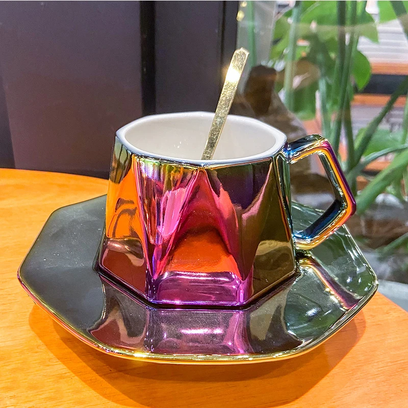 

Electroplating Rhombus Ceramic Cup Gradient Coffee Tea Cup and Saucer with Handle and Glod Spooon Set Irregular Mug Gift 250ml