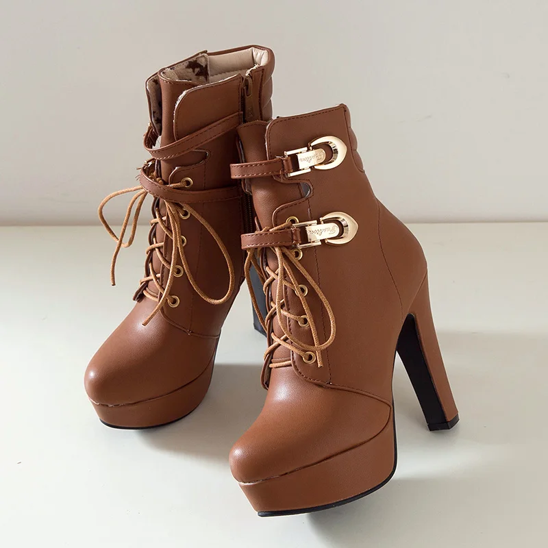 

Women Shoes Pu Leather Platform Lace Up Zip Handmade 11cm Thick High Heels Beige Black Short Ankle Martin Boots Plus Size 48 50