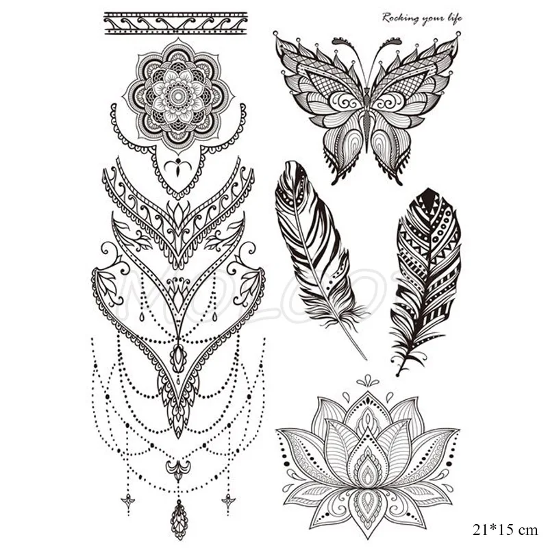 

Fake tatoo wolf moon mandala feather flower dreamcatcher totem hand tattoo sticker big black tatto body art for women girl men